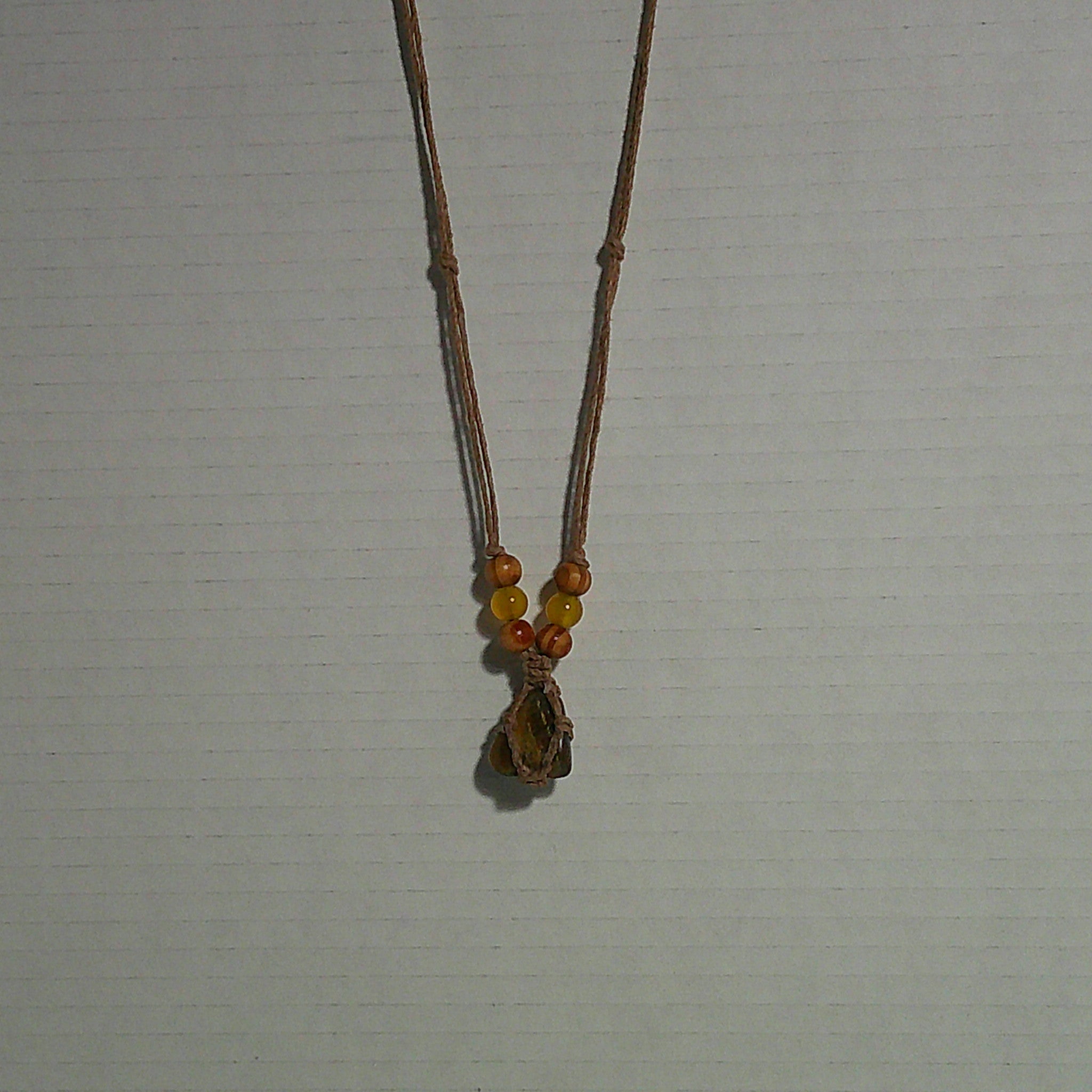 Tan Hemp Necklace with Gold Tiger Eye Pendant and Amber Wood Beads