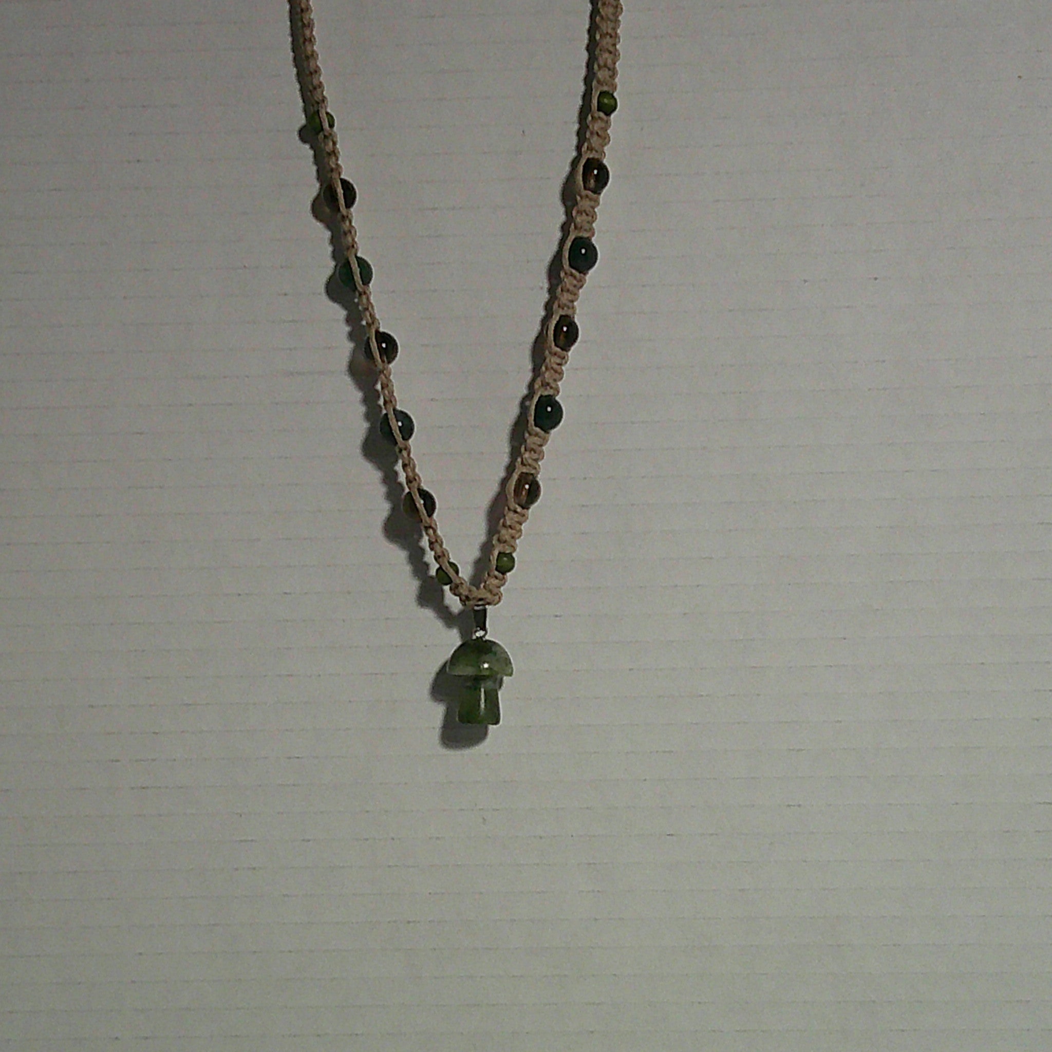 Natural Hemp Necklace with Green Tree Agate Mushroom and Quartz Accents