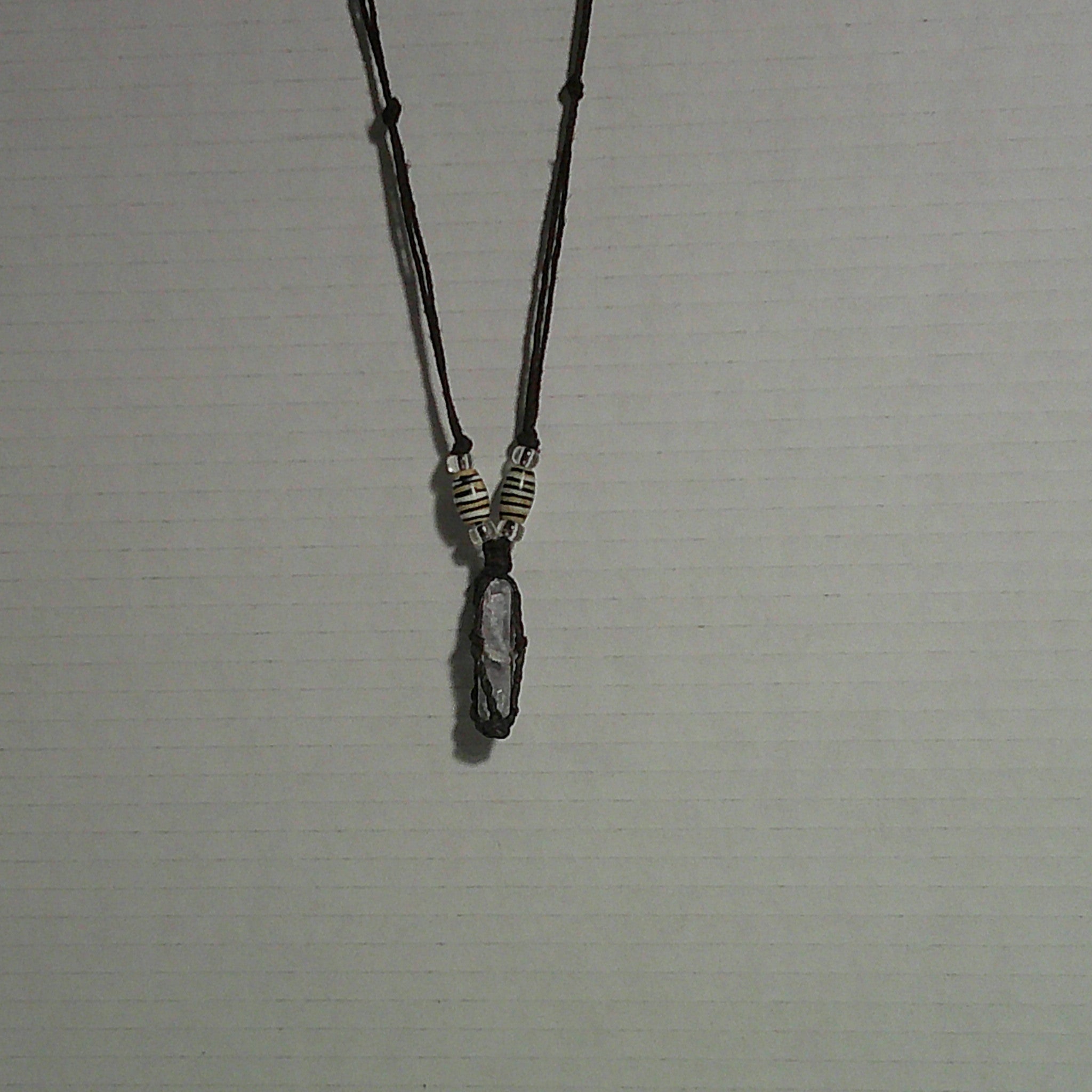 Brown Hemp Necklace with Quartz Crystal and Bone Accents