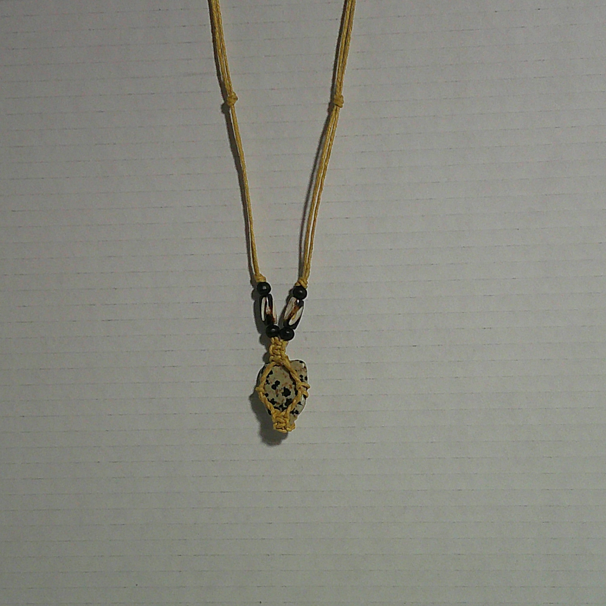 Straw Hemp Necklace with Dalmatian Stone and Bone Beads