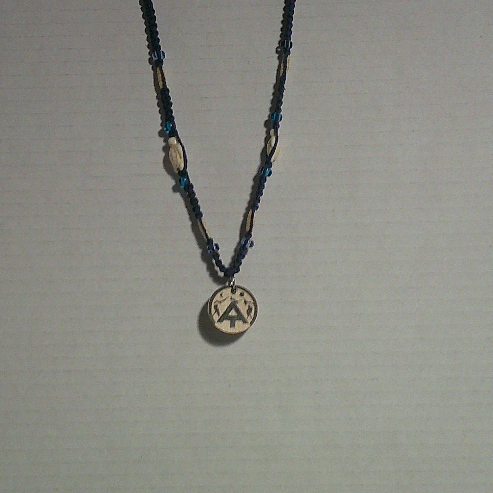 Dusty Blue Hemp Necklace with AT Pendant and Compass Backing