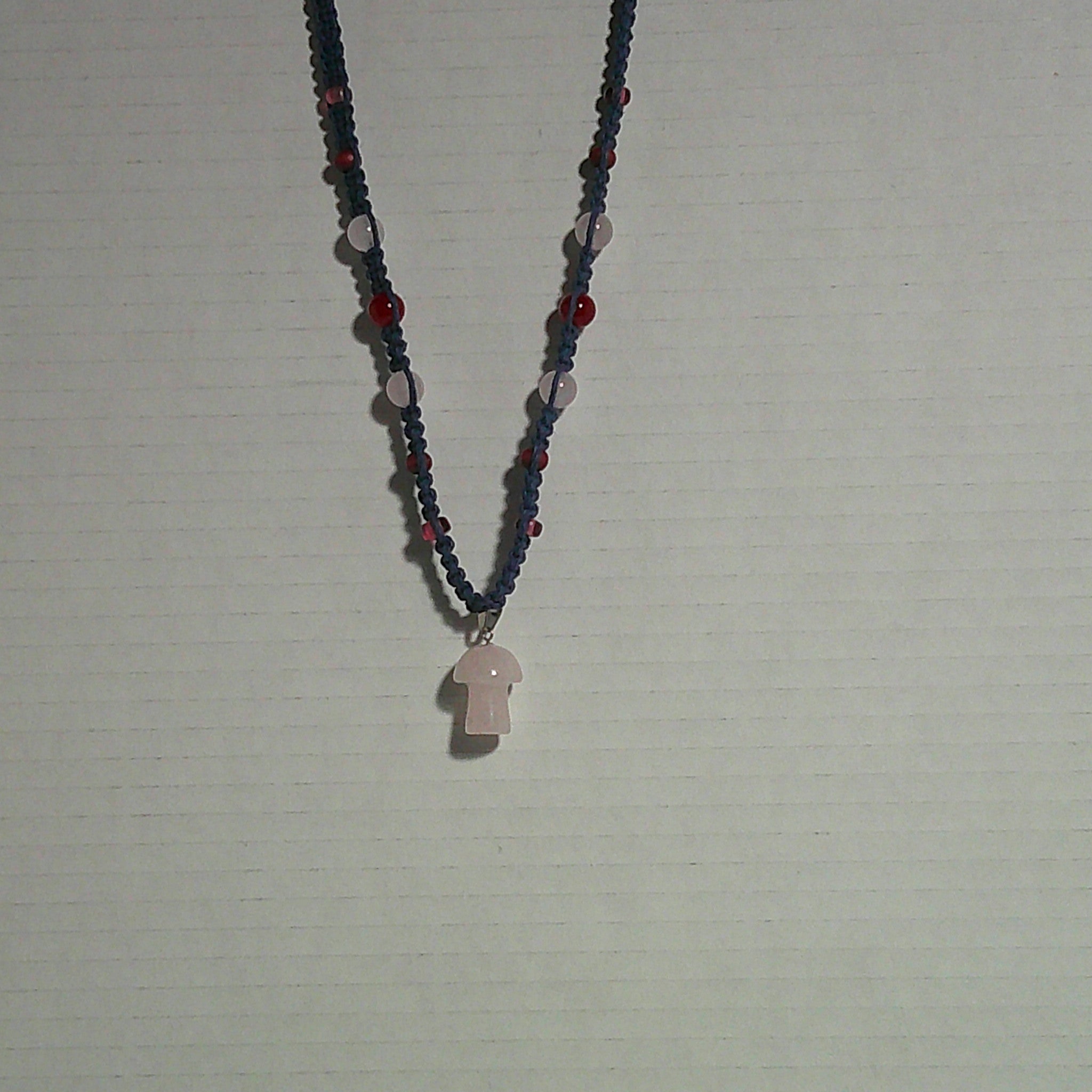 Navy Blue Hemp Necklace with Rose Quartz Mushroom and Pink Accents