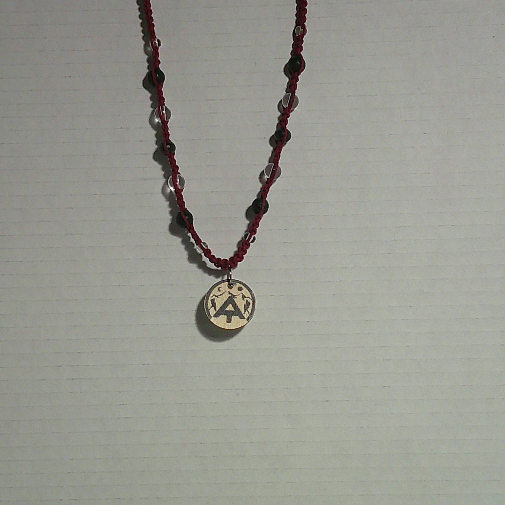 Burgundy Hemp Necklace with AT Pendant and Gemstone Accents