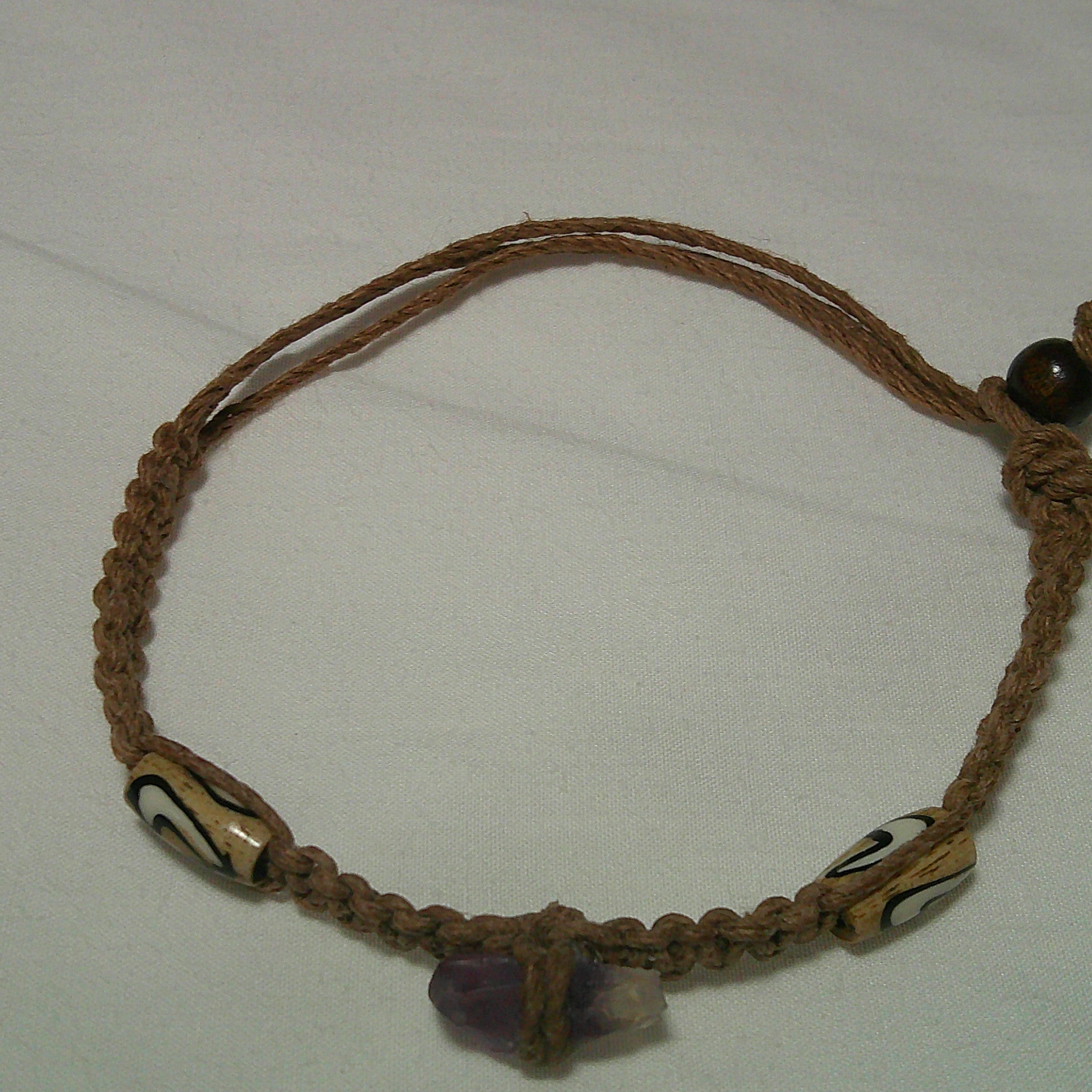 Tan Hemp Bracelet with Amethyst Stone and Beads