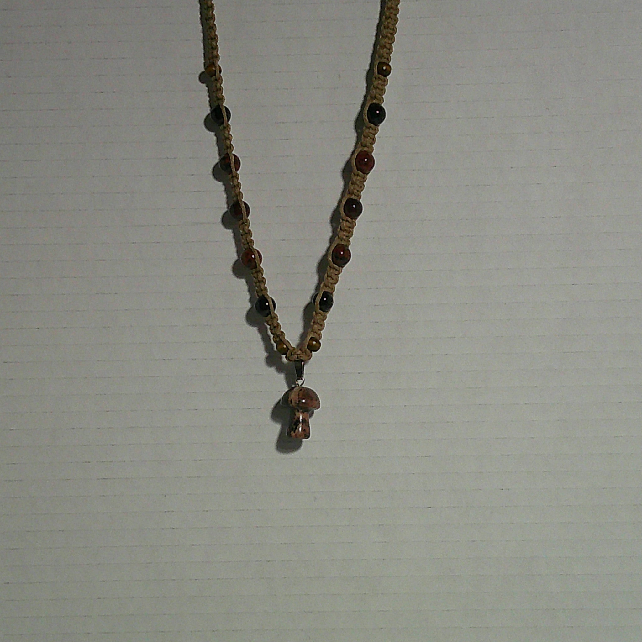 Tan Hemp Necklace with Jasper Mushroom Pendant and Gemstone Accents
