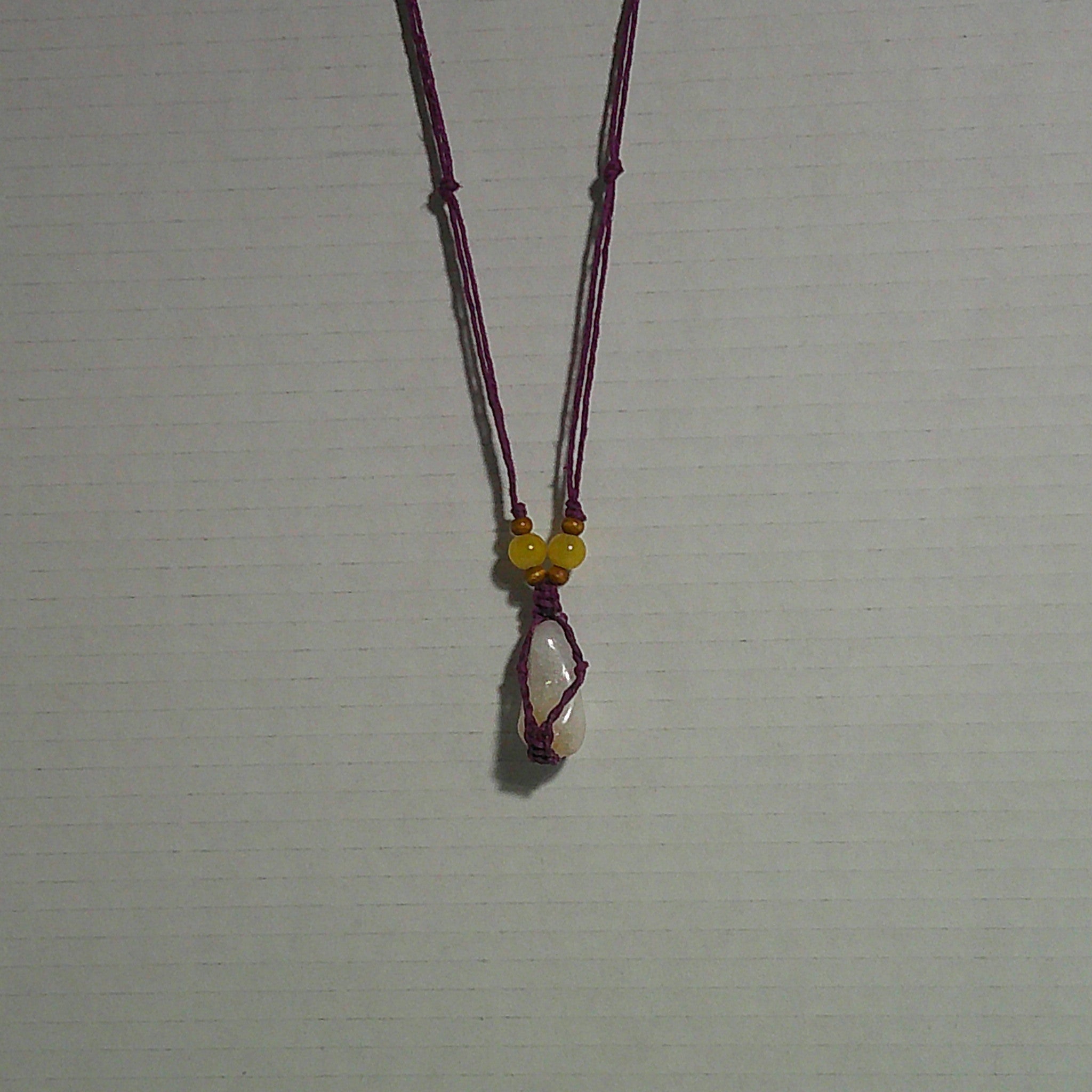 Purple Hemp Necklace with Citrine Pendant and Yellow Beads