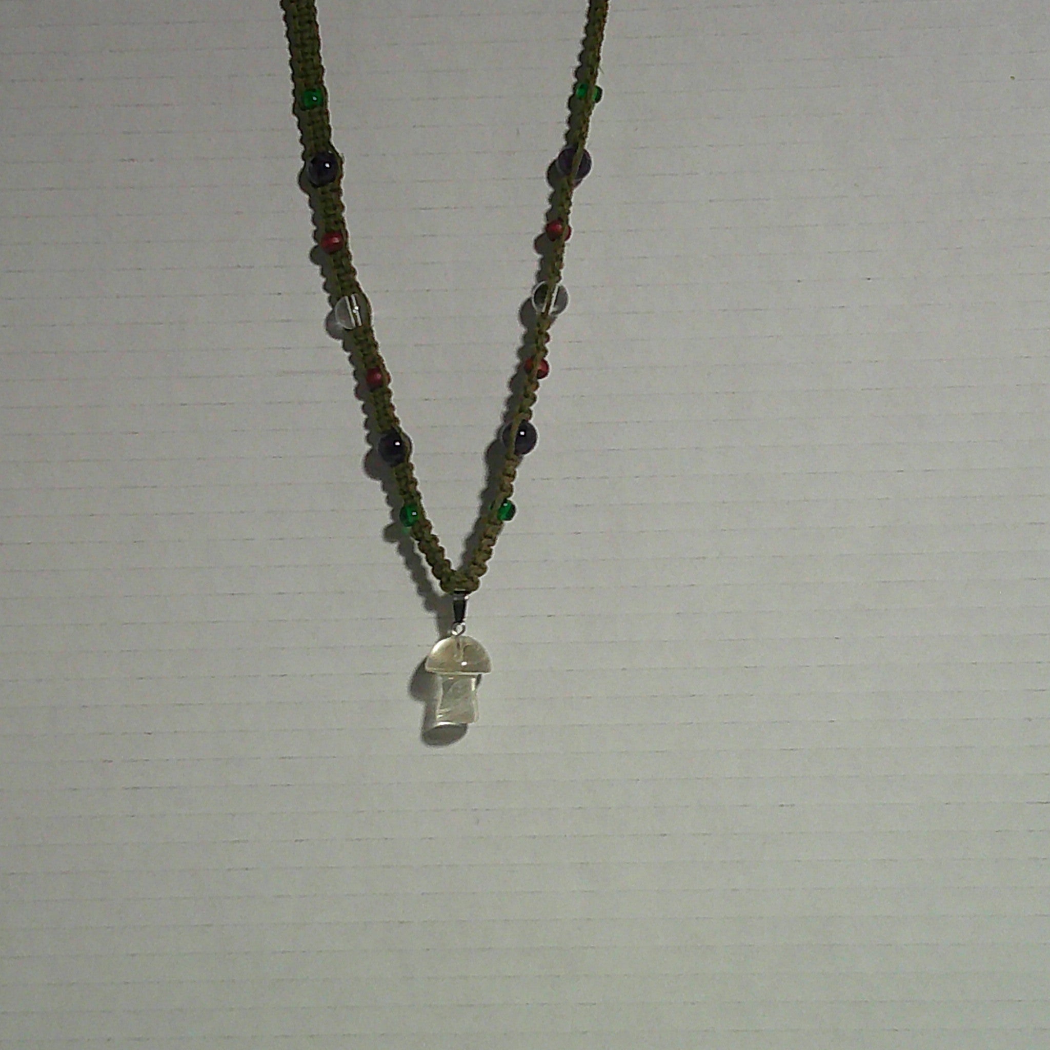 Olive Green Hemp Necklace with Quartz Crystal Mushroom and Colorful Beads